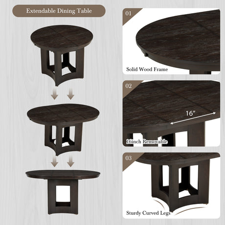 TOPMAX Farmhouse Extendable Round Dining Table Set for 4, 5-Piece Kitchen Table Set with 4 Upholstered Chairs and 16inch Removable Leaf for Small Places, Espresso+Beige - sold by Home Elegance USA