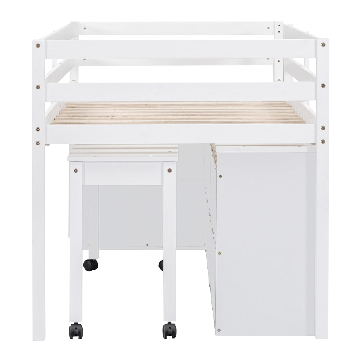 Twin Size Loft Bed with Retractable Writing Desk and 4 Drawers, Wooden Loft Bed with Lateral Portable Desk and Shelves, White - Home Elegance USA