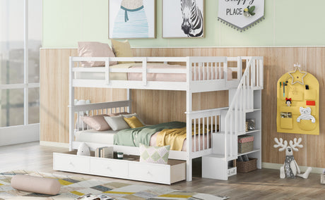 Stairway Full-Over-Full Bunk Bed with Drawer, Storage and Guard Rail for Bedroom, White - sold by Home Elegance USA