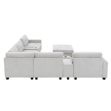 Chenille U Shaped Sectional Sofa with Acrylic Table Top, USB Charger, Storage Drawers, Pockets and Movable Ottoman - sold by Home Elegance USA