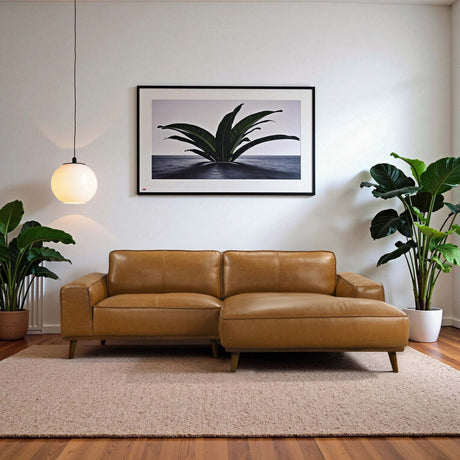 Kerrville Tan Leather Right Sectional Sofa with Mid-Century Modern Design, Genuine Top Grain Leather, Walnut-Finished Wood Legs, 98-Inch Width - sold by Home Elegance USA
