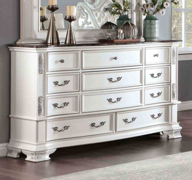 Luxury White 1pc Dresser Dovetail Drawers Genuine Marble Top Bronze Round Knob and Hanging Pulls Bedroom