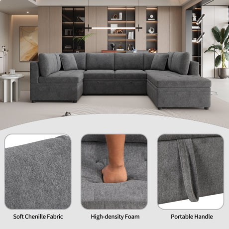 Oversized Sectional Sofa U-shaped Couch Pull-out Sofa Bed with Two Throw Pillows Gray Chenille 117.3' - sold by Home Elegance USA