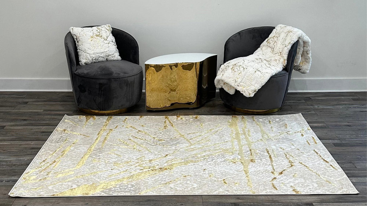 Shifra Luxury Area Rug in Beige and Gray with Gold Abstract Design - Home Elegance USA