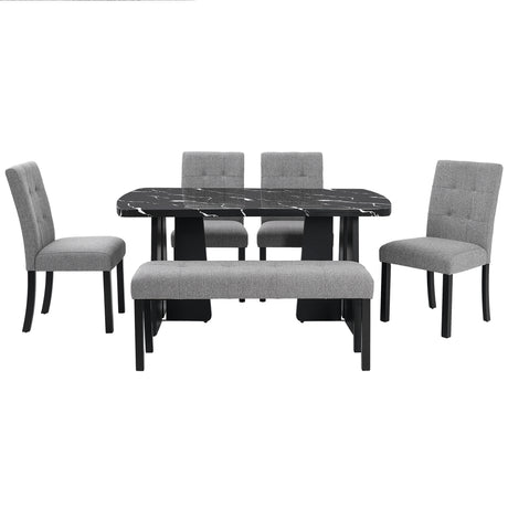 6 Piece Modern Dining Table Set, 63' Faux Marble Dining Table with Geometric Legs & 4 Upholstered Chairs & 1 Bench, Suitable for Dining Kitchen Room,Easy to Assemble, Black + Gray - sold by Home Elegance USA