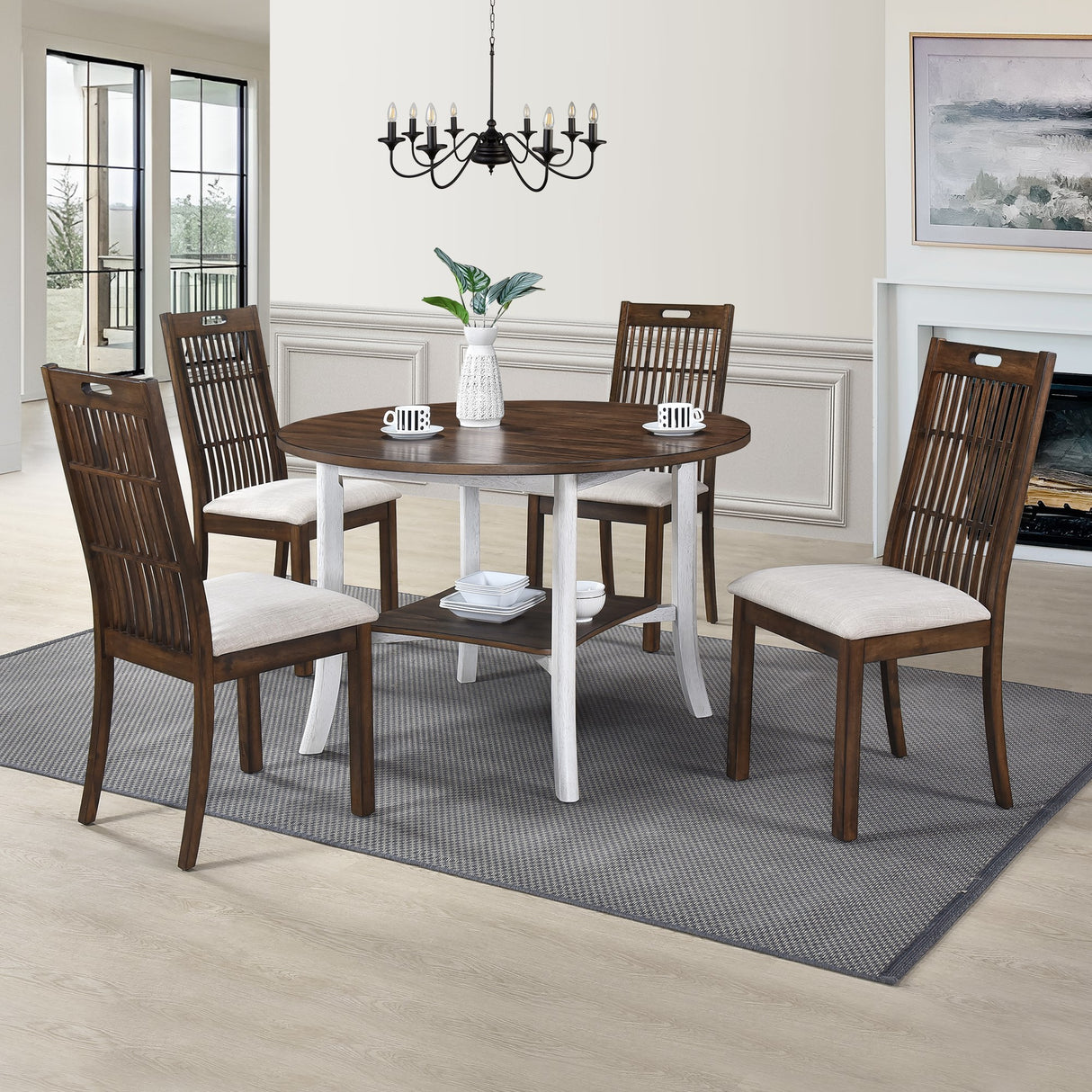 WOODHOMER 5-Piece Round Dining Set, 1 Table with High Back Chairs, Two-Tone Antique White & Walnut Finish, Space-Saving Kitchen Furniture
