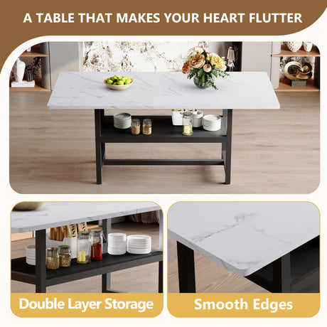Table and chair set.71*35.4 inch White Grain Spliced Dining Table With Storage Function In The Middle Of The Table Legs.Paired with 8 Black Linen-Cotton Material High Resilience Dining Chair. - sold by Home Elegance USA