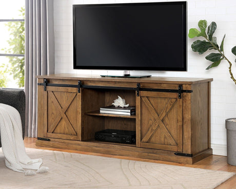 Rustic Style TV Console Base Sliding Doors Metal Accents Multiple Open Storage Shelves X-Design Front Doors Dark Oak Finish - sold by Home Elegance USA