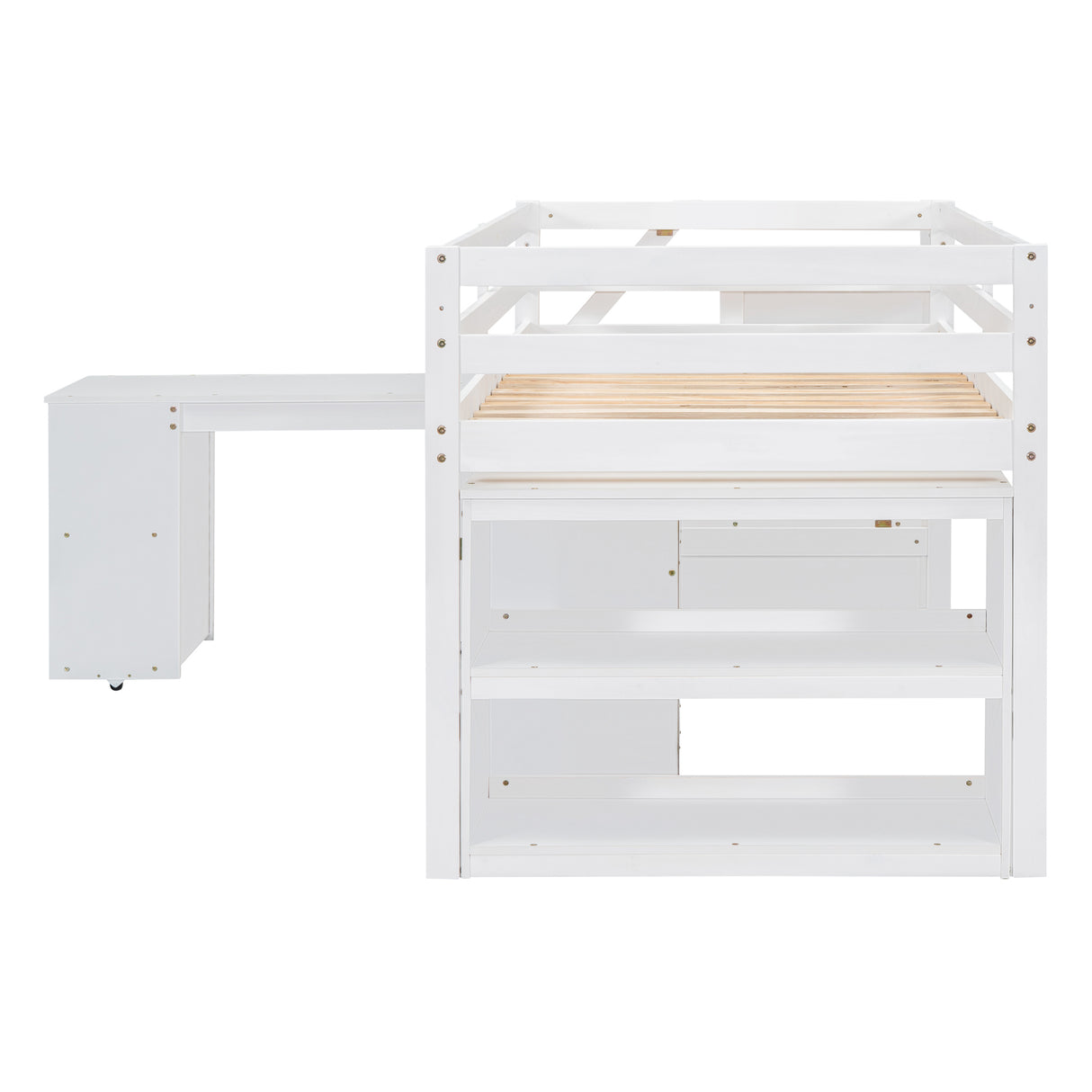 Twin Size Loft Bed with Retractable Writing Desk and 3 Drawers, Wooden Loft Bed with Storage Stairs and Shelves, White - Home Elegance USA