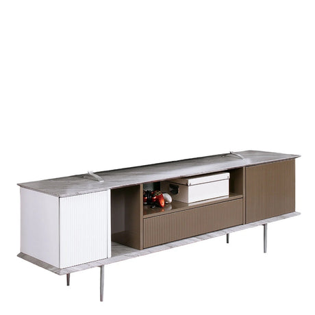 Modern Contemporary Style TV Console Base Stand Open Shelf And One Drawer Attached Ball Bearing Glides Replicated Marble On Top With High Gloss Champagne, White, And Gray Finish - sold by Home Elegance USA