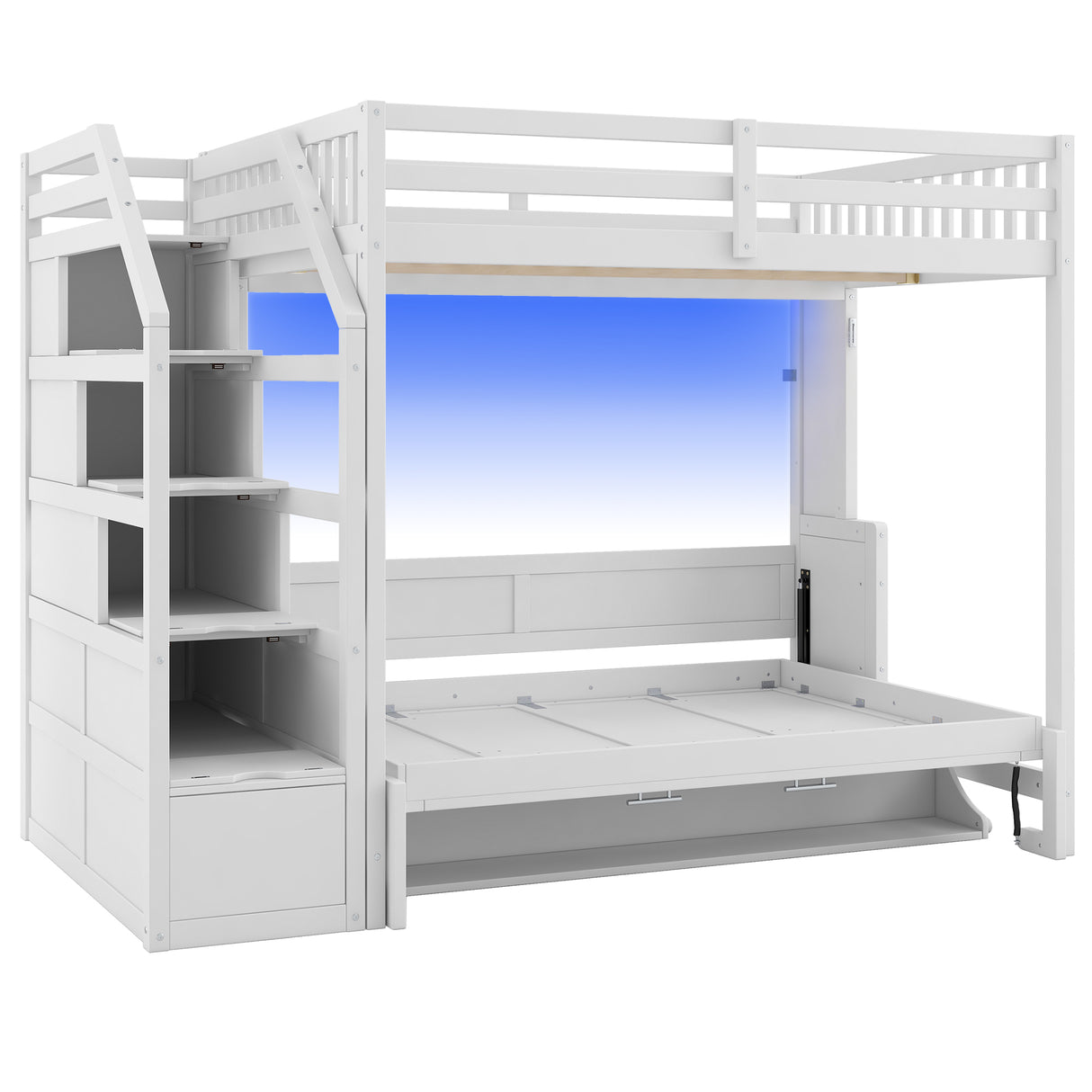 White Full XL Loft Bed with Storage Staircase, Murphy Bed, LED Light, Solid Pine and MDF, 101.2''L x 59.1''W x 73''H - sold by Home Elegance USA