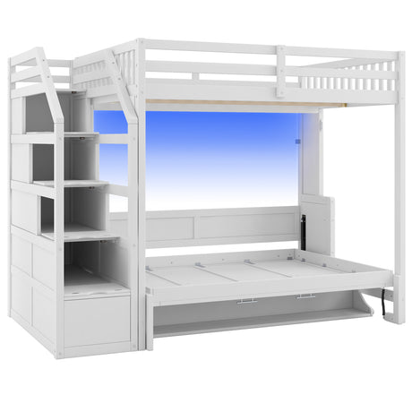 White Full XL Loft Bed with Storage Staircase, Murphy Bed, LED Light, Solid Pine and MDF, 101.2''L x 59.1''W x 73''H - sold by Home Elegance USA