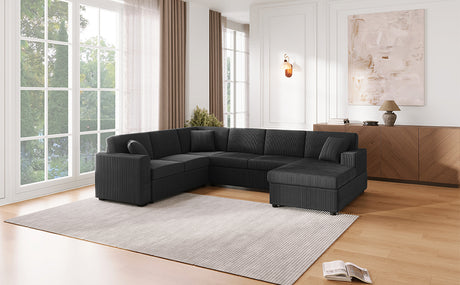 Oversized Sectional Sofa 115.3' U-Shaped Sofa with Chaise Lounge and Three Soft Throw Pillows, Black Corduroy Fabric - sold by Home Elegance USA