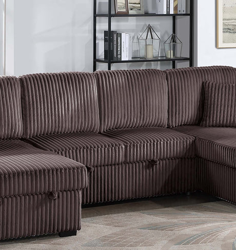 Chocolate Finish Convertible Sectional Upholstered Corduroy 3pc RAF And LAF Storage Chaises Pull Out Middle Section Pillow Included Primary Living Room - sold by Home Elegance USA