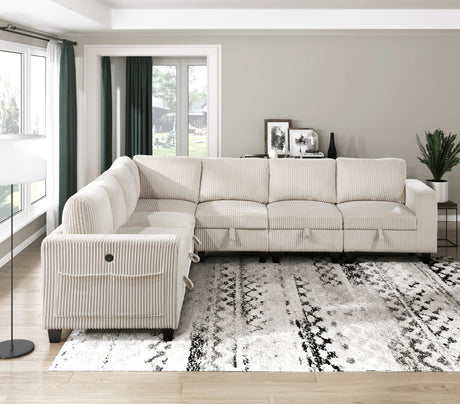 7-Piece Modular Sectional with Storage Seats, Side Pockets, Charging Ports Beige Corduroy Fabric Modern Living Room Sectional Couch Solid Wood Furniture - sold by Home Elegance USA