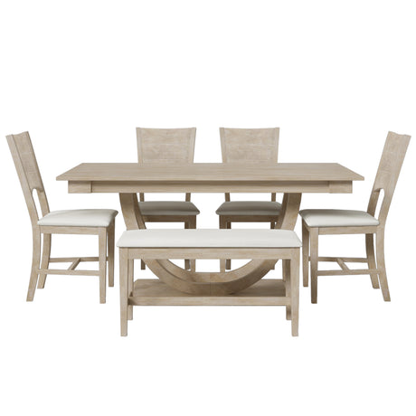 TOPMAX Modern Style Natural Wood 6-Piece Dining Table Set with Bench and Chairs, Upholstered Seats, Rubberwood Frame - sold by Home Elegance USA