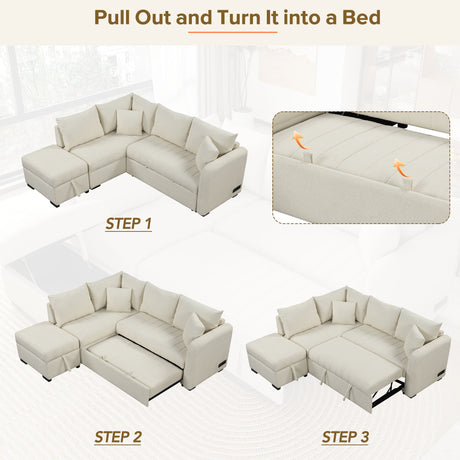 Modern L-shaped Sectional Pull Out Sofa Bed with USB Ports and Storage Ottoman, Beige, Jacquard Fabric, 82.6' - sold by Home Elegance USA