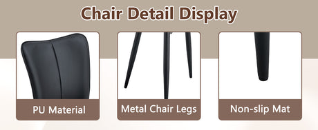 Table and chair set. 64.5 x 35.4 Inch Stylish Black Wood Color Textured Dining Table.Paired with 4 Black PU chairs with a vertical stripe design on the backrest and black metal legs. - sold by Home Elegance USA