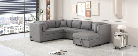 U-shaped Sectional Sofa Pull out Sofa Bed with USB Ports, Power Sockets, Storage Chaise, Light Gray Chenille, 108.6' - sold by Home Elegance USA