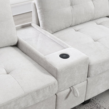 Chenille U Shaped Sectional Sofa with Acrylic Table Top, USB Charger, Storage Drawers, Pockets and Movable Ottoman - sold by Home Elegance USA