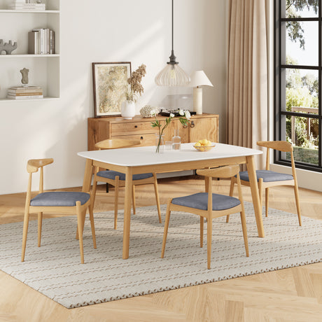 Mid-Century Modern 5-Piece Dining Set: Solid Rubberwood Table + 4 Gray Upholstered Chairs, White Oak Finish, Gray Fabric - sold by Home Elegance USA