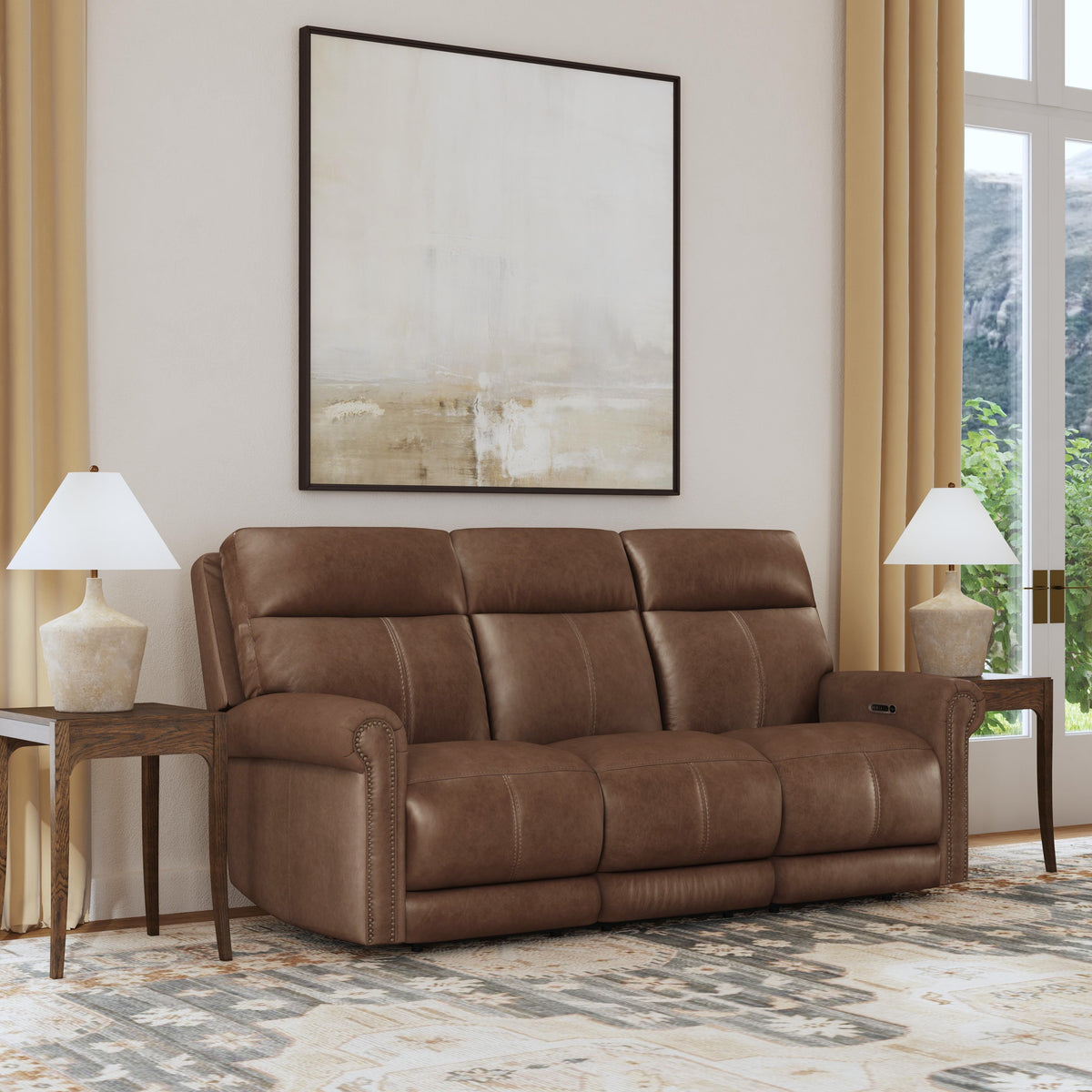 Alexander Power Reclining Sofa With Console, Power Headrest & Lumbar - Khaki Brown | Flexsteel