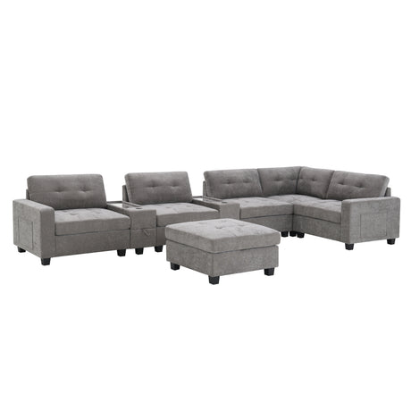 Modern Chenille U-Shaped Sectional Sofa with Acrylic Table Top, USB Charger, Storage Drawers, and Movable Ottoman in Gray - sold by Home Elegance USA