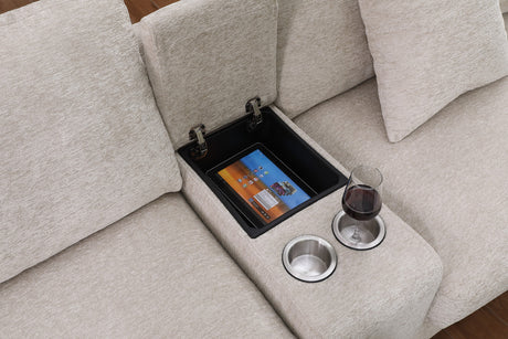 Chiara 141.5'W Beige Chenille Fabric Corner Sectional Sofa with Right-Facing Chaise, Cupholders, and Charging Ports - sold by Home Elegance USA