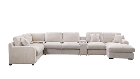 Chiara 141.5'W Beige Chenille Fabric Corner Sectional Sofa with Right-Facing Chaise, Cupholders, and Charging Ports - sold by Home Elegance USA