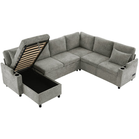 Versatile Light Grey Chenille Sectional Sofa Bed with Storage, Cup Holders & Charging Ports, 109.9' - sold by Home Elegance USA