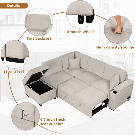 2 in 1 Sleeper Sofa Bed with Storage Ottoman, Beige Linen Upholstery, 84.75' L Shape Couch for Small Spaces - sold by Home Elegance USA