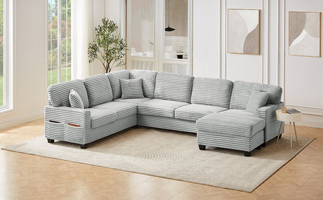 Modern U-shaped Sectional Sofa with Movable Ottoman and Side Storage Pockets, Grey Corduroy, 125.2' - sold by Home Elegance USA