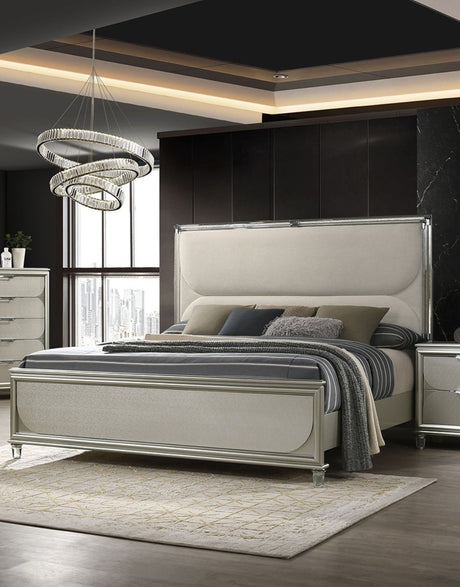 Glamorous Luxury Silver Fabric Upholstered Queen Size Bed w LED 2x Nightstands Embossed Panel 3pc Set Bedroom Furniture - sold by Home Elegance USA