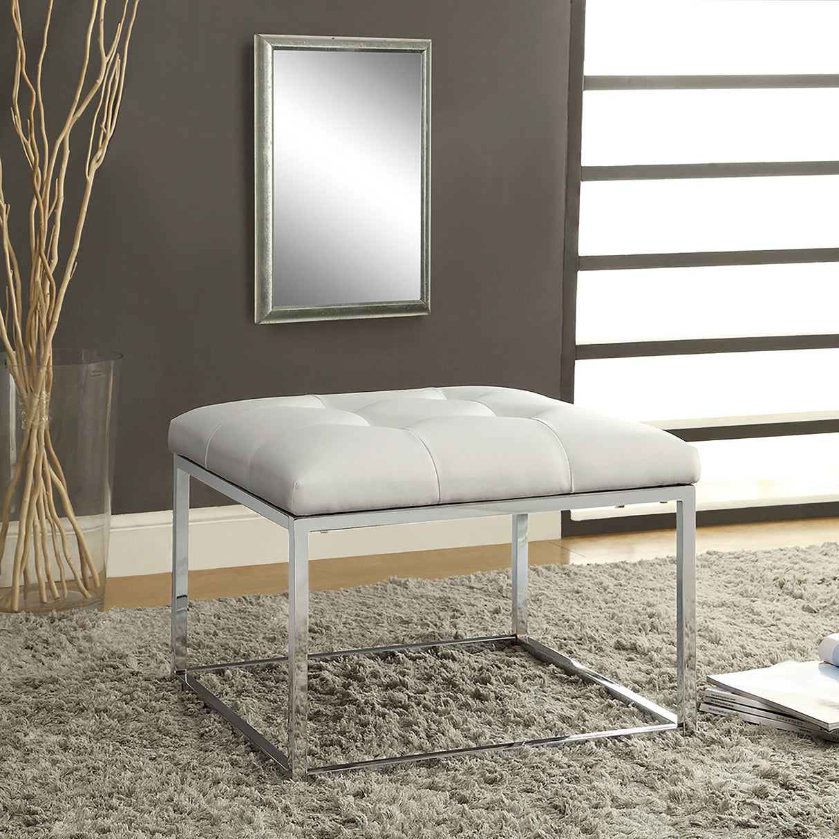 Ottoman - Swanson Upholstered Tufted Ottoman White and Chrome