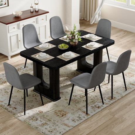 Table and chair set.64.5 x 35.4 Inch Stylish Black Wood Color Textured Dining Table.Paired with 6 Dark Gray Linen-Cotton Material High Resilience Dining Chair with Metal Leg. - sold by Home Elegance USA