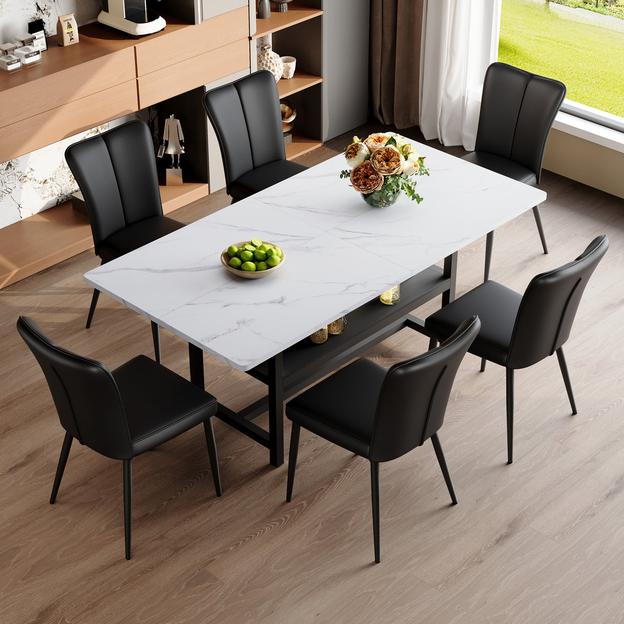 Juego de mesa y sillas. Mesa de comedor empalmada de grano blanco de 71 x 35,4 pulgadas con función de almacenamiento en el medio de las patas. Combina con 6 sillas de PU negras con un diseño de rayas verticales en el respaldo.