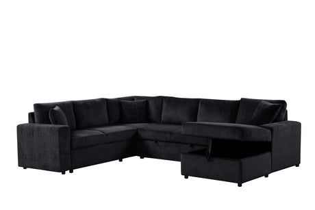Rinaldo 123'W Black Corduroy Sleeper Sectional Sofa with Right-Facing Storage Chaise and Throw Pillows - sold by Home Elegance USA