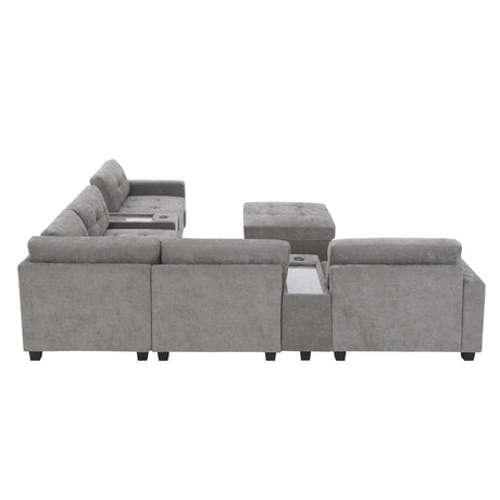 Modern Chenille U-Shaped Sectional Sofa with Acrylic Table Top, USB Charger, Storage Drawers, and Movable Ottoman in Gray - sold by Home Elegance USA