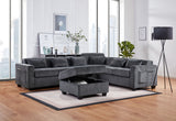 Trey 115'W Gray Chenille Sectional Sofa with Adjustable Backrest, Charging Ports, Pockets, Tufting, Storage Ottoman, Throw Pillows
