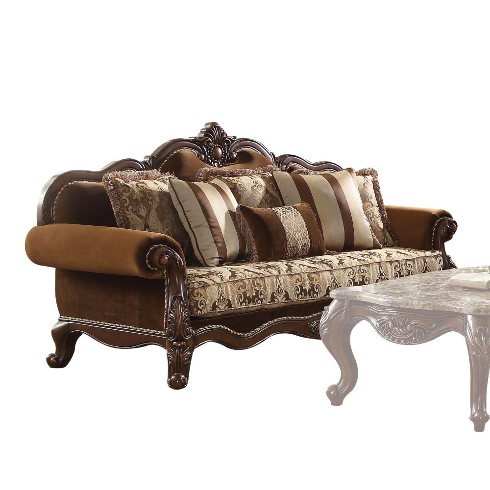 Acme - Jardena Sofa W/6 Pillows(Same Lv01591) 50655 Pattern Fabric & Cherry Oak Finish