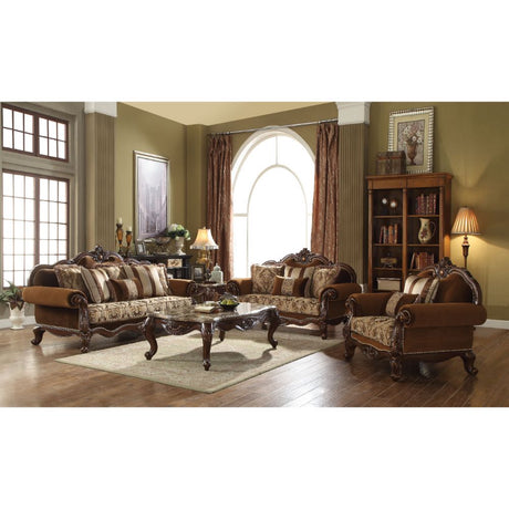 Acme - Jardena Sofa W/6 Pillows(Same Lv01591) 50655 Pattern Fabric & Cherry Oak Finish