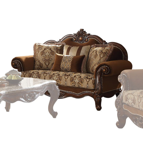 Acme - Jardena Loveseat W/4 Pillows(Same Lv01592) 50656 Pattern Fabric & Cherry Oak Finish