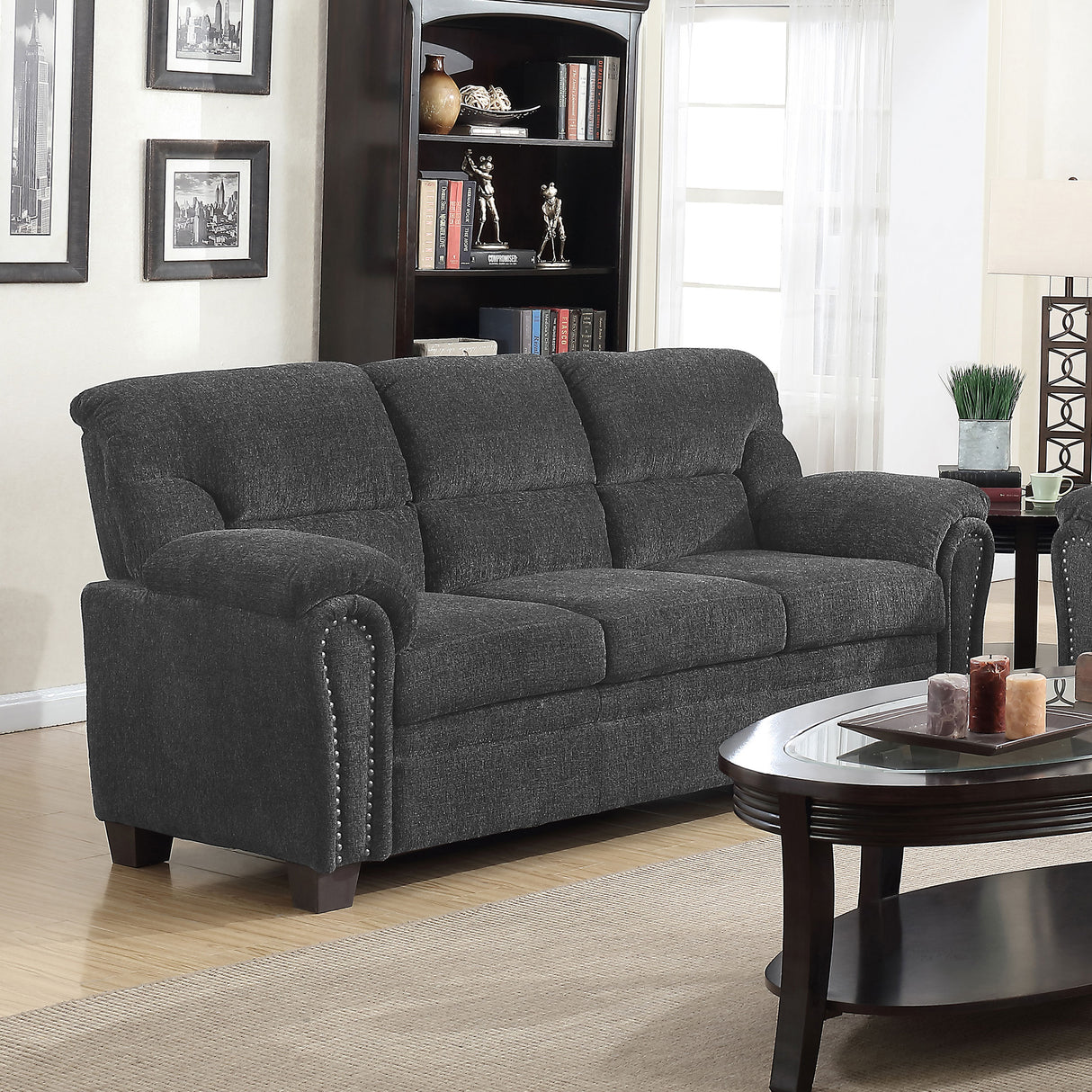 Sofa - Clementine Upholstered Sofa with Nailhead Trim Grey