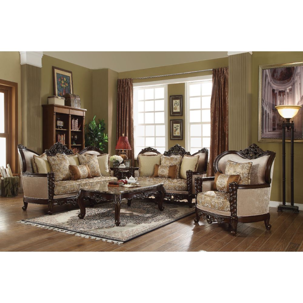 Devayne Sofa W/6 Pillows(Same Lv01582) 50685 Pattern Fabric & Dark Walnut Finish | Acme | Home Elegance USA