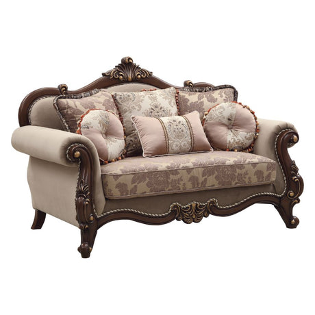 Acme - Mehadi Loveseat W/6 Pillows 50691 Velvet & Walnut Finish