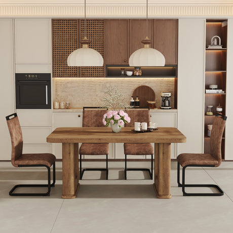 Table and chair set.64.5 x 35.4 Inch Stylish Wood Color Textured Dining Table.Perfectly Blending Simplicity And Transparency.Paried With 4 Brown technology fabric chairs with arched black legs. - sold by Home Elegance USA