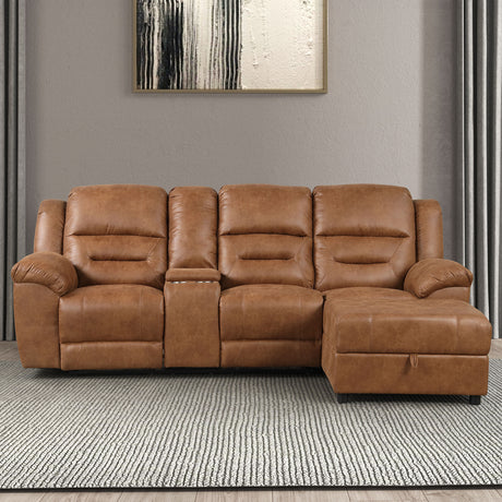 Contemporary Saddle Brown Leatherette 2pc Sectional Sofa Set Console Cup Holder Chaise Storage Recliners Adjustable Back Rest Living Room - sold by Home Elegance USA