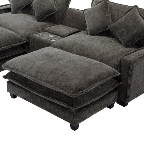 Modern Chenille Upholstered Sectional Sofa with Ottomans, USB Ports, Cup Holders, and Storage in Grey - sold by Home Elegance USA