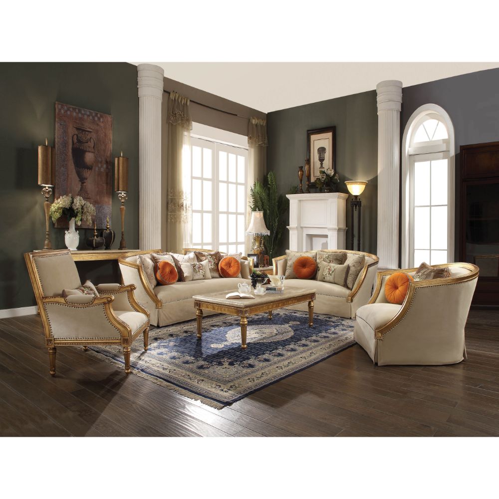 Daesha Sofa W/8 Pillows 50835 Tan Flannel & Antique Gold Finish | Acme | Home Elegance USA