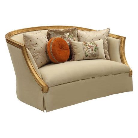 Daesha Loveseat W/5 Pillows 50836 Tan Flannel & Antique Gold Finish | Acme | Home Elegance USA